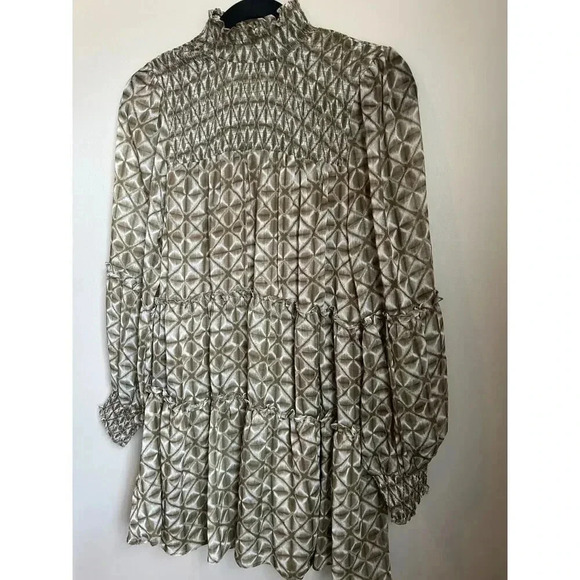 Olivaceous Sage Olive Green and White Mock Neck Dress with Smocking, Long Sleeve - Picture 7 of 9